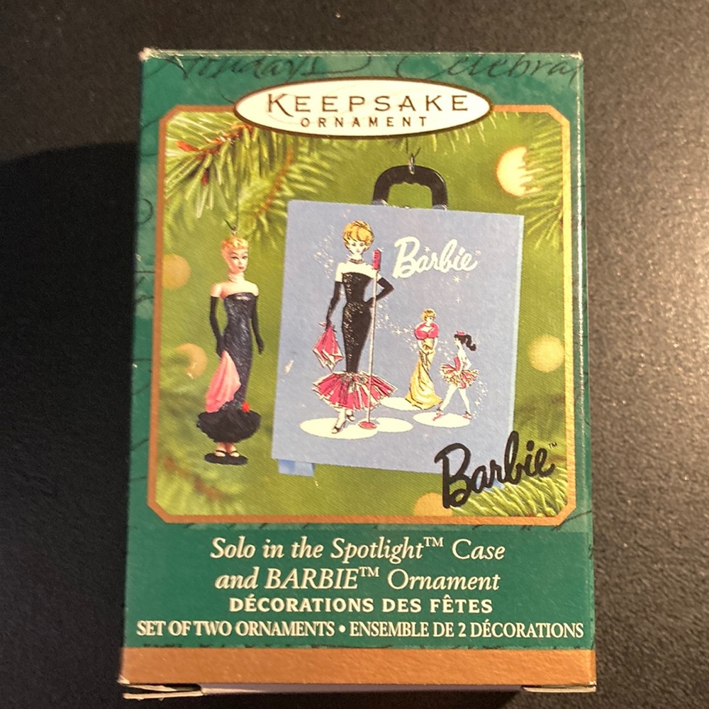 Hallmark keepsake Solo in the spotlight case and BARBIE ornament